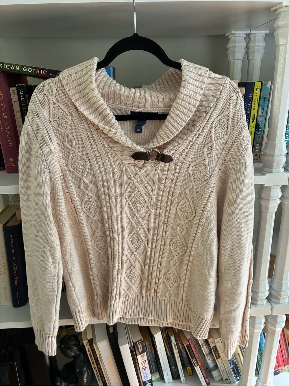 Karen Scott Cream Cable-Knit Shawl-Collar Sweater with Toggle